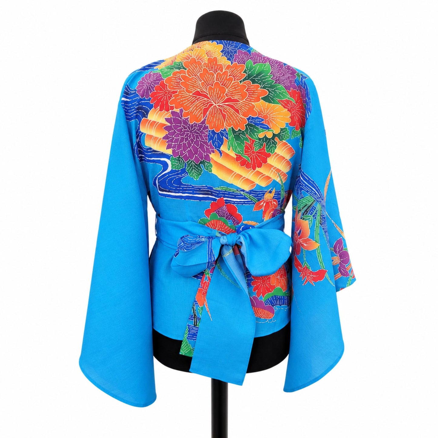 Blouse Cache-Cœur Style Kimono – Motifs Traditionnels Japonais et Manches Fluides Bleu clair