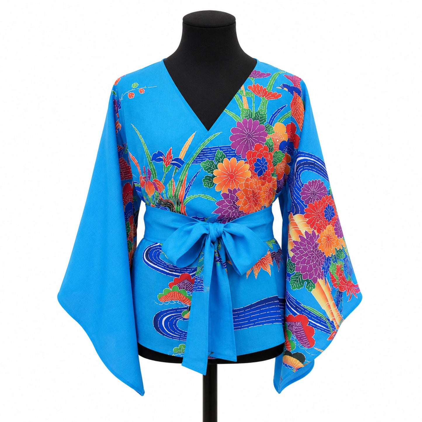 Blouse Cache-Cœur Style Kimono – Motifs Traditionnels Japonais et Manches Fluides Bleu clair