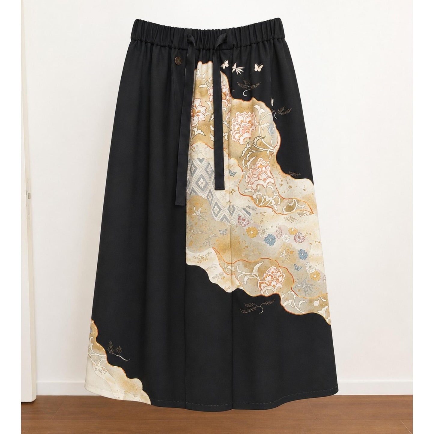 Upcycled Long Skirt from Traditional Kimono – Asymmetrical Black and Gold Silk