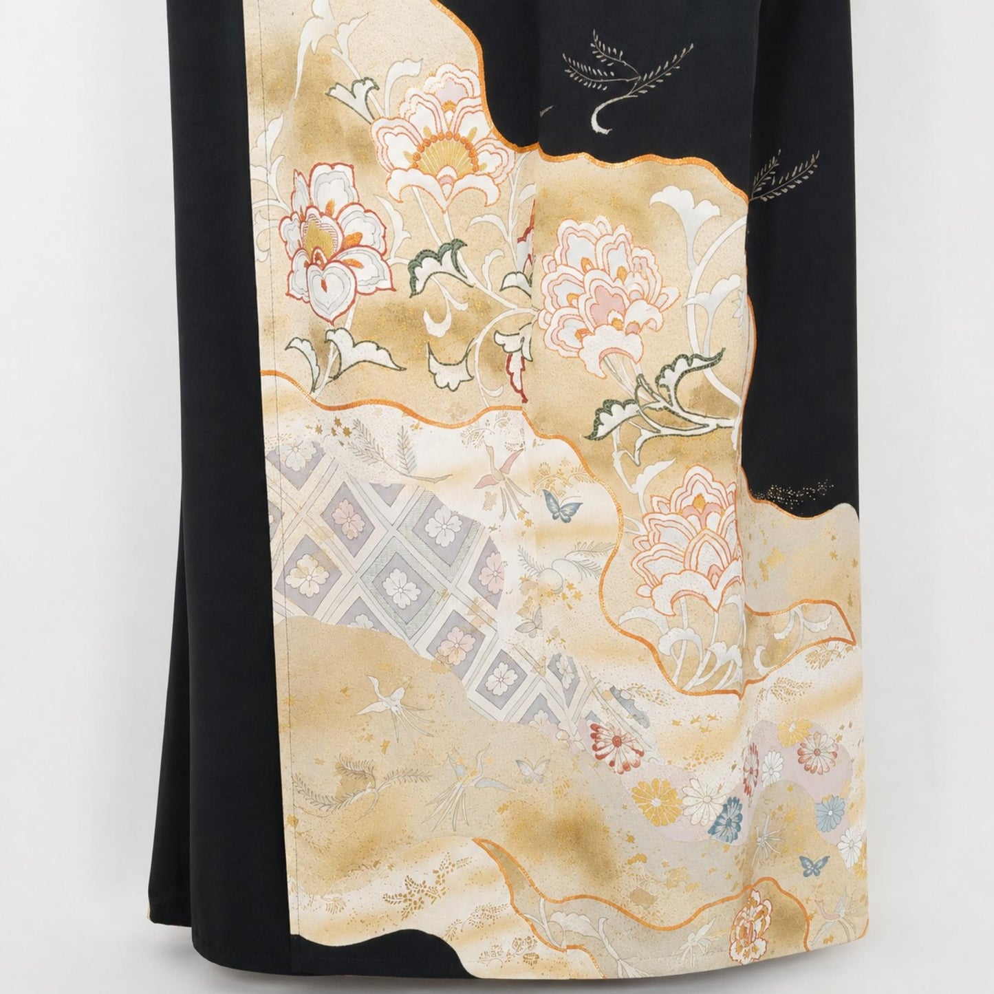 Upcycled Long Skirt from Traditional Kimono – Asymmetrical Black and Gold Silk