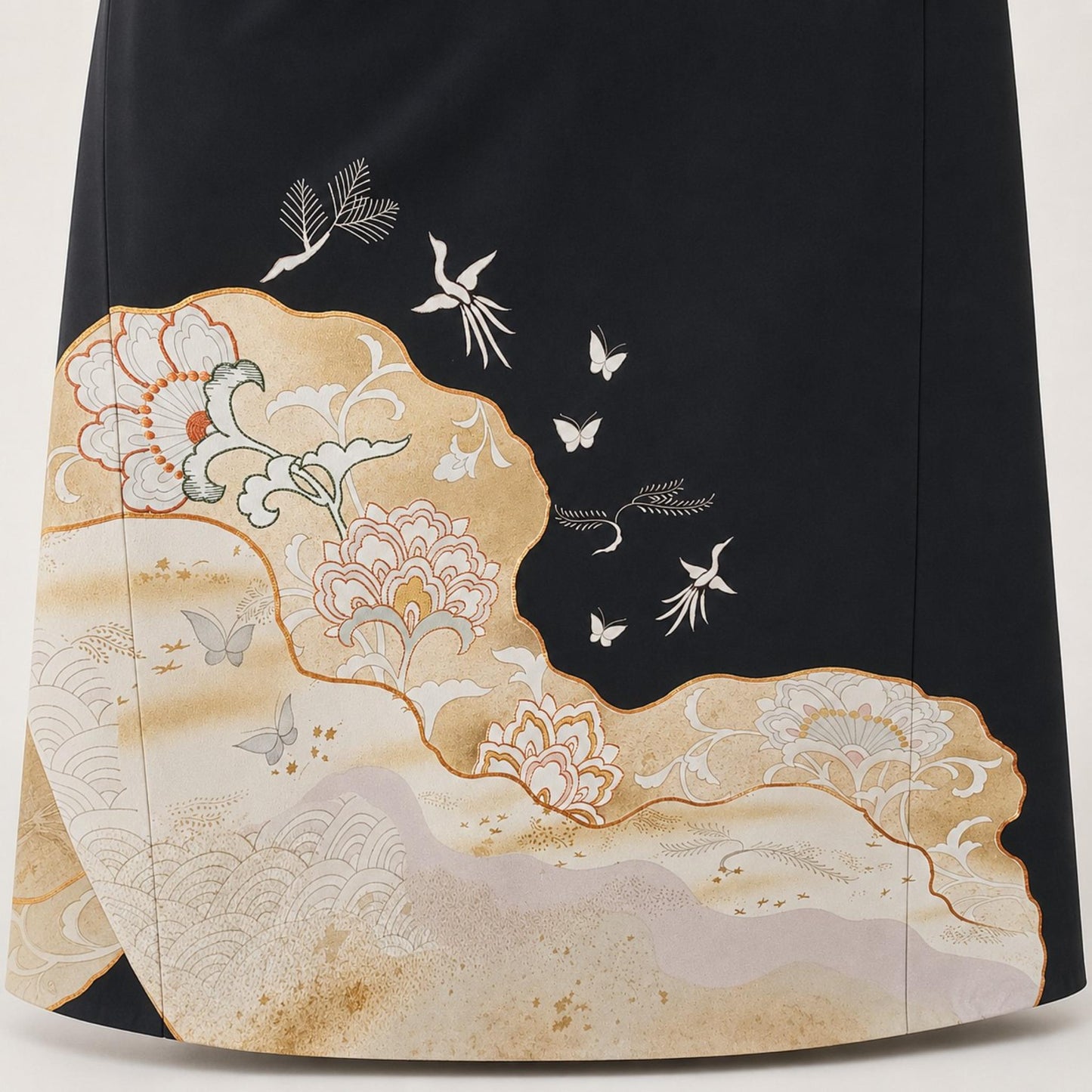 Upcycled Long Skirt from Traditional Kimono – Asymmetrical Black and Gold Silk