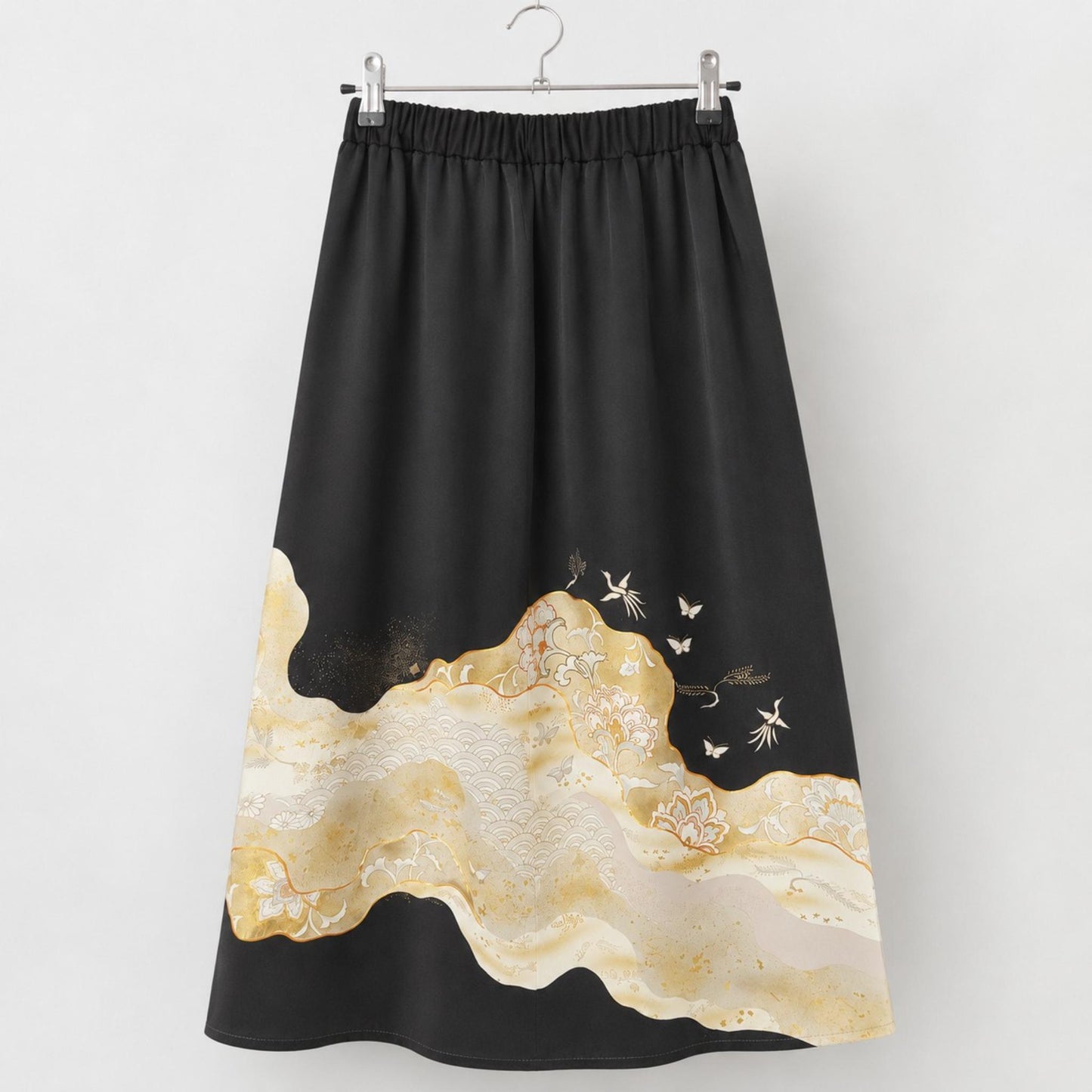 Upcycled Long Skirt from Traditional Kimono – Asymmetrical Black and Gold Silk