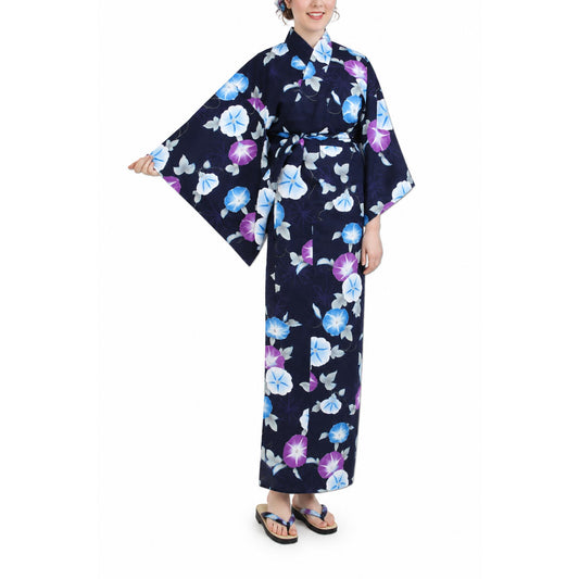 Yukata femme - Kimono japonais 100% coton - Fleurs Ipomée