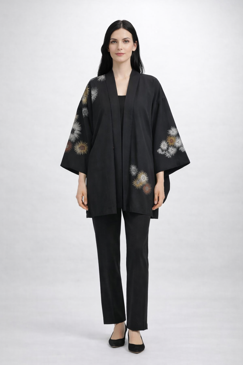 Vintage Japanese Silk Haori Jacket - Authentic Kimono Robe [Noir Mosaïque Florale]