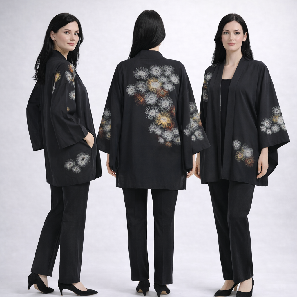 Vintage Japanese Silk Haori Jacket - Authentic Kimono Robe [Noir Mosaïque Florale]