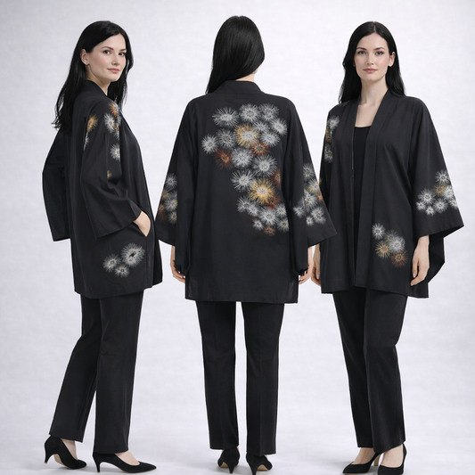 Vintage Japanese Silk Haori Jacket - Authentic Kimono Robe [Noir Mosaïque Florale]