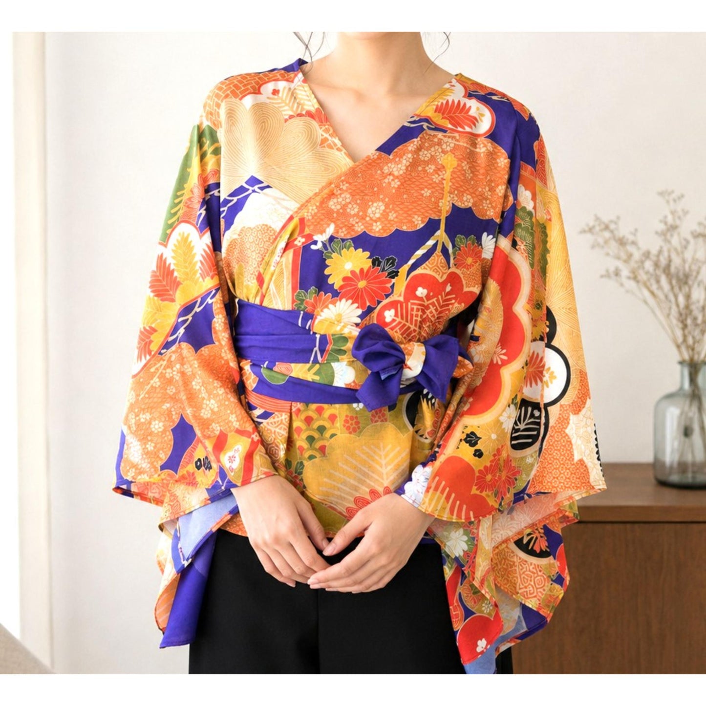 Blouse Cache-Cœur Style Kimono – Motifs Traditionnels Japonais et Manches Fluides Bleu