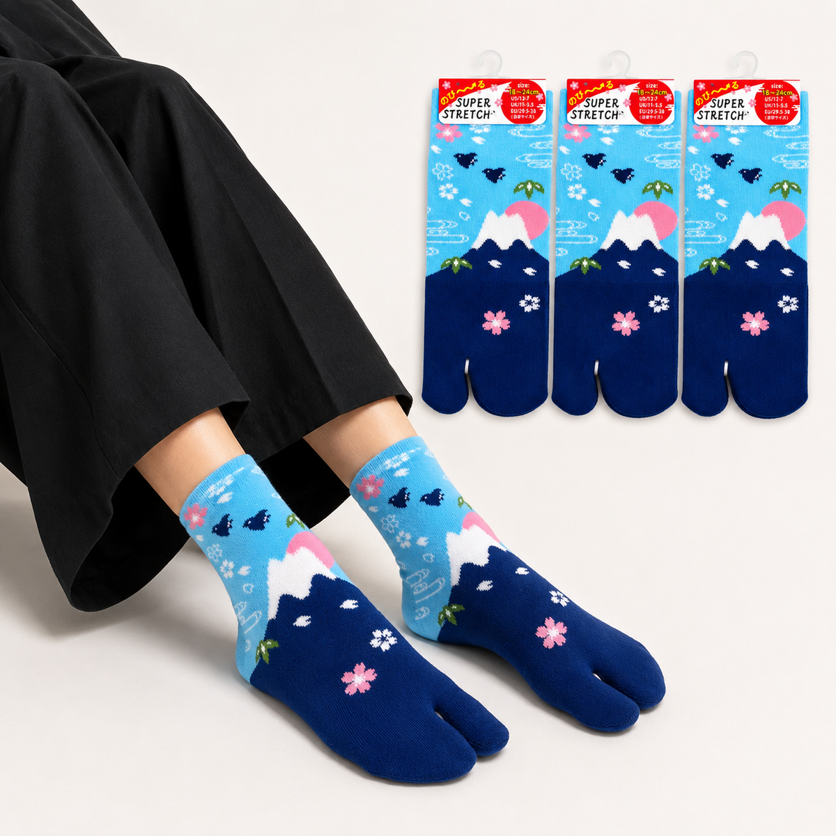 Chaussettes Japonaises Tabi Motif Mont Fuji & Sakura Taille 29-38