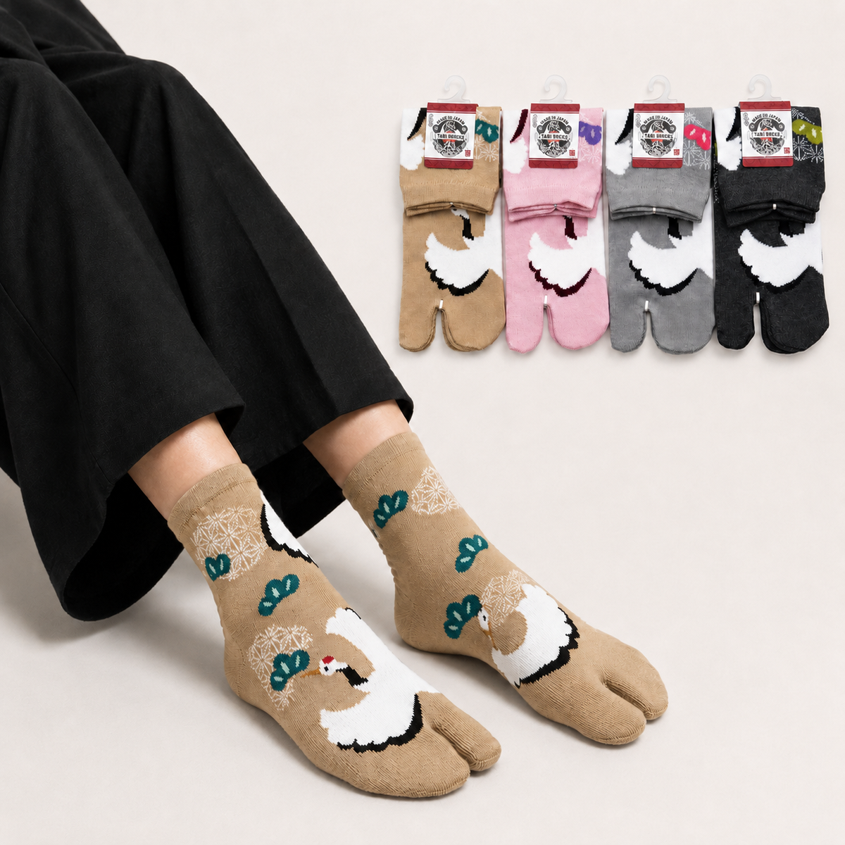 Chaussettes Japonaises Tabi en Coton - Motif GRUE Taille EU34-40