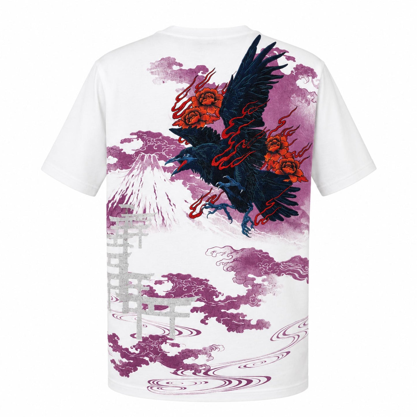 T-shirt à manches courtes - Corbeau et Mt Fuji - Blanc