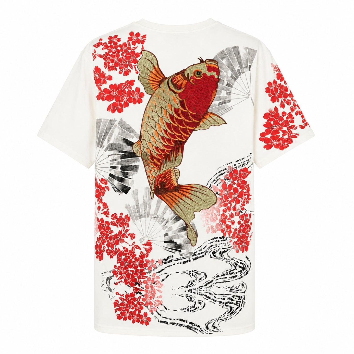 T-shirt à manches courtes - Koï Éventail Cerisiers - Blanc