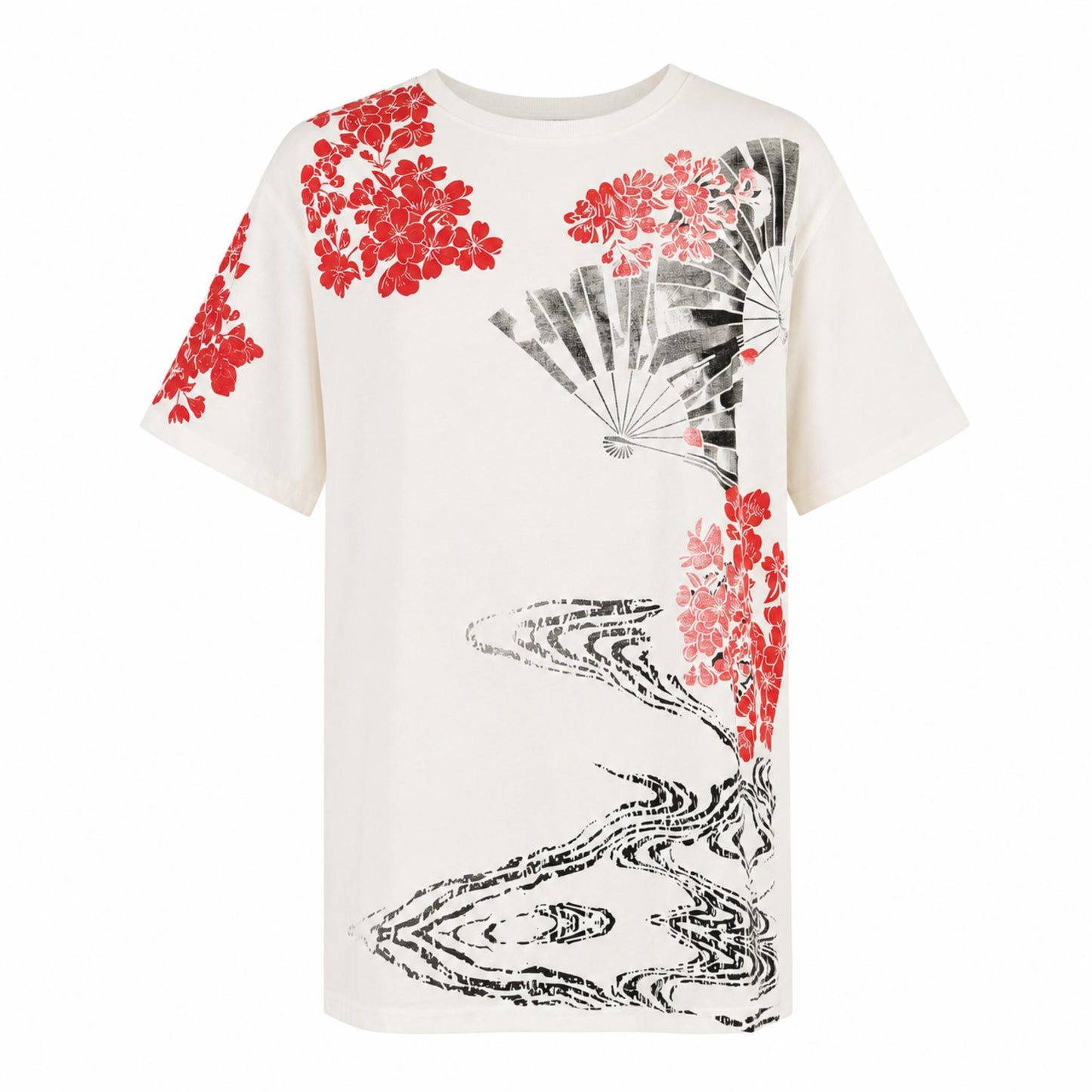 T-shirt à manches courtes - Koï Éventail Cerisiers - Blanc