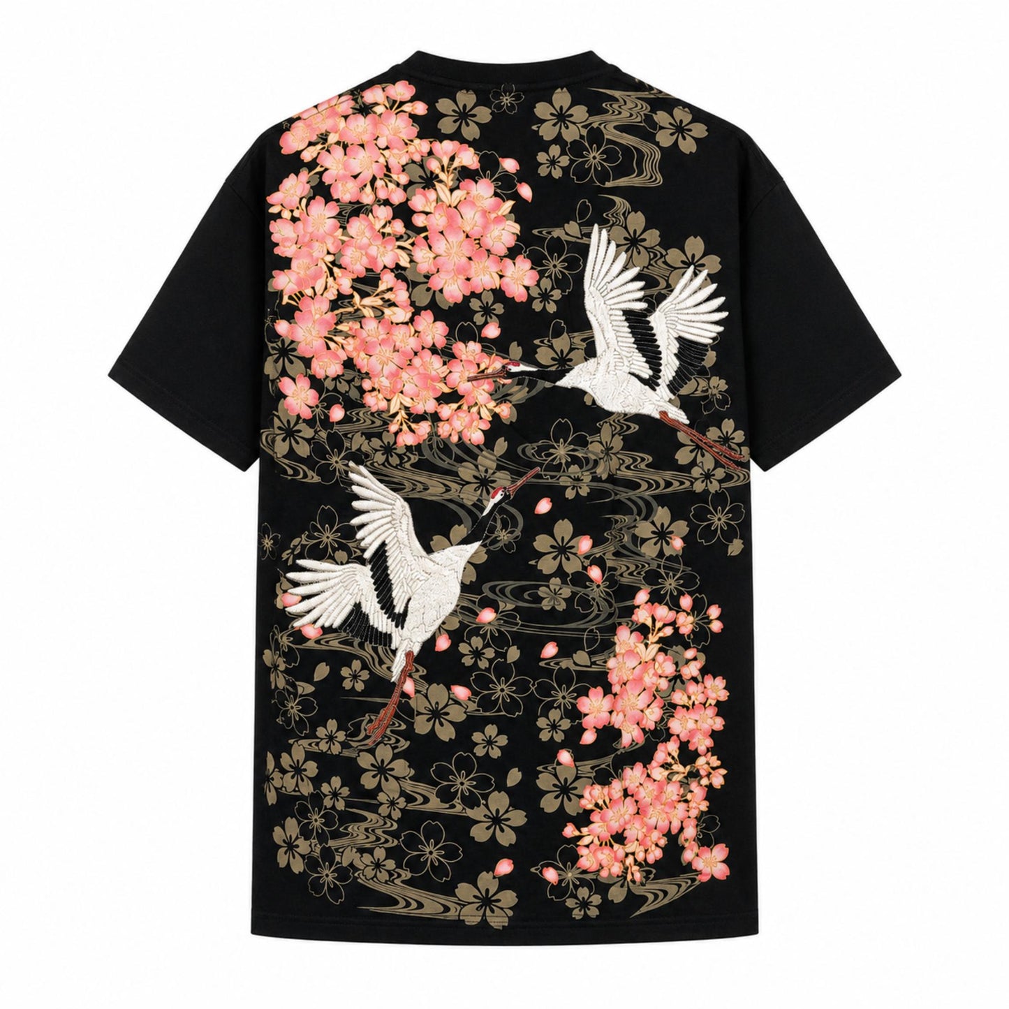 T-shirt à manches courtes - Tsuru et Cerisiers - Noir