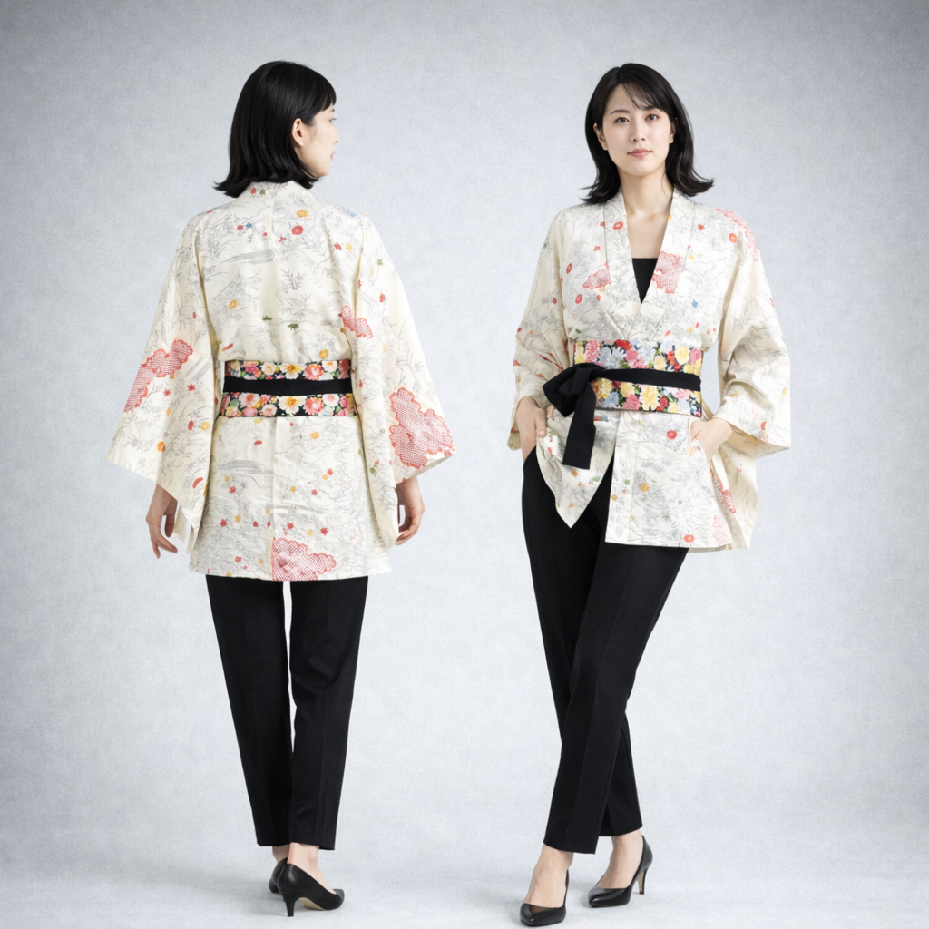 Vintage Japanese Silk Haori Jacket - Authentic Kimono Robe Blanc [Feuilles d’automne et petites fleurs]