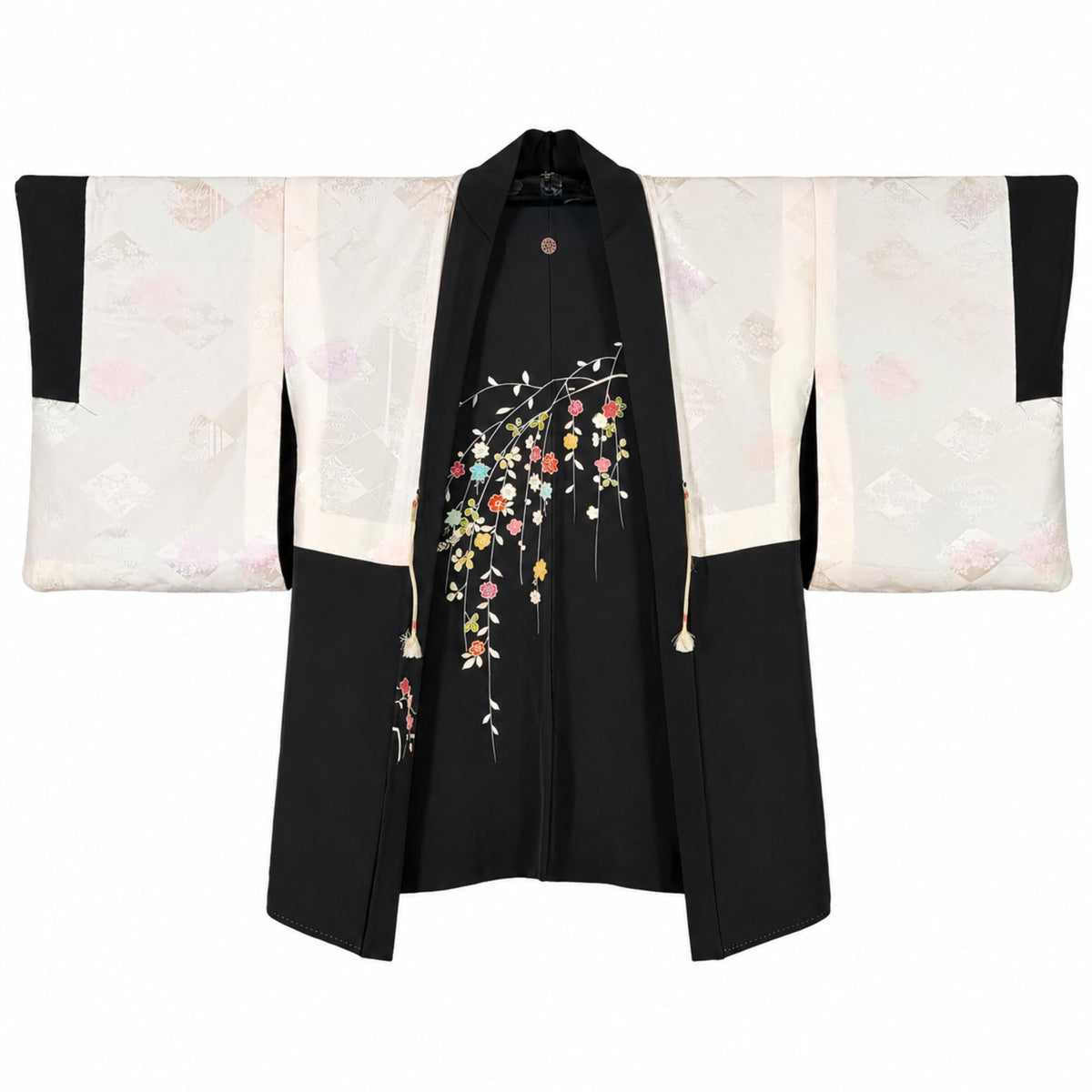 Veste Haori Vintage en Soie – Kimono Japonais Authentique – Fleurs Multicolores