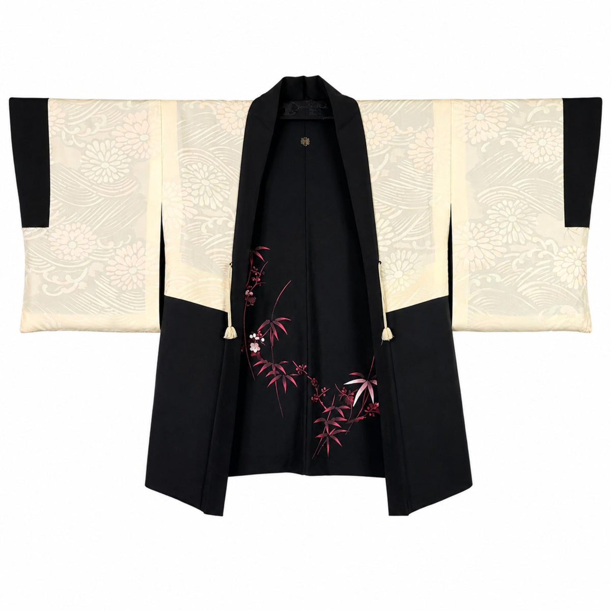 Veste Haori Vintage en Soie – Kimono Japonais Authentique – Fleurs de Prunier et Bambou