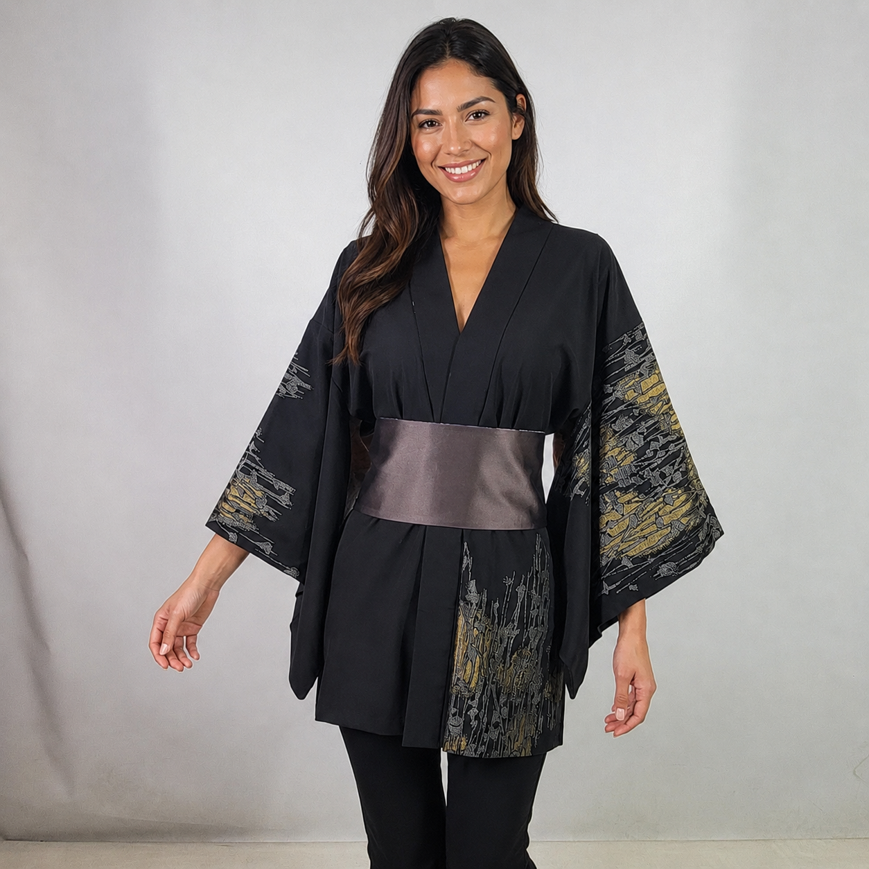 Vintage Japanese Silk Haori Jacket - Authentic Kimono Robe [Striped Rose]
