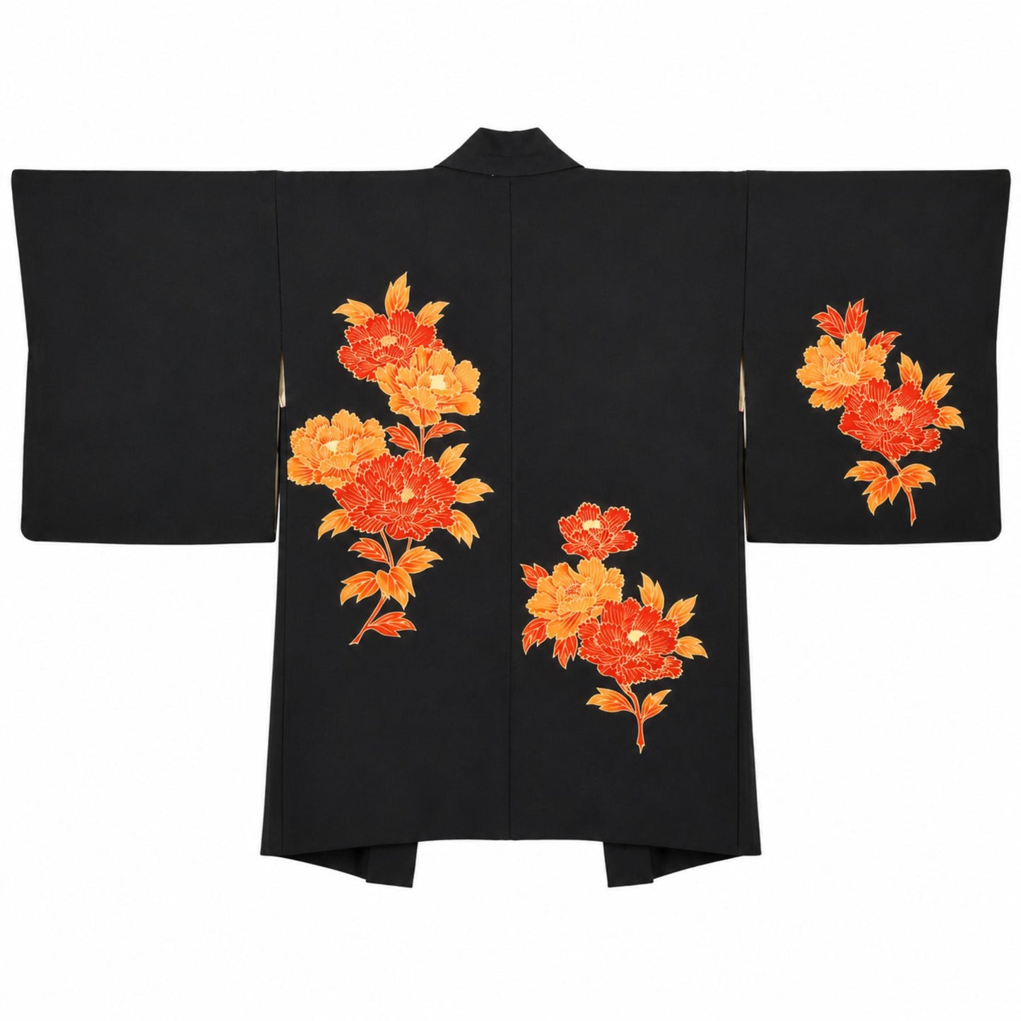 Veste Haori Vintage en Soie – Kimono Japonais Authentique – Pivoines Rouges et Oranges