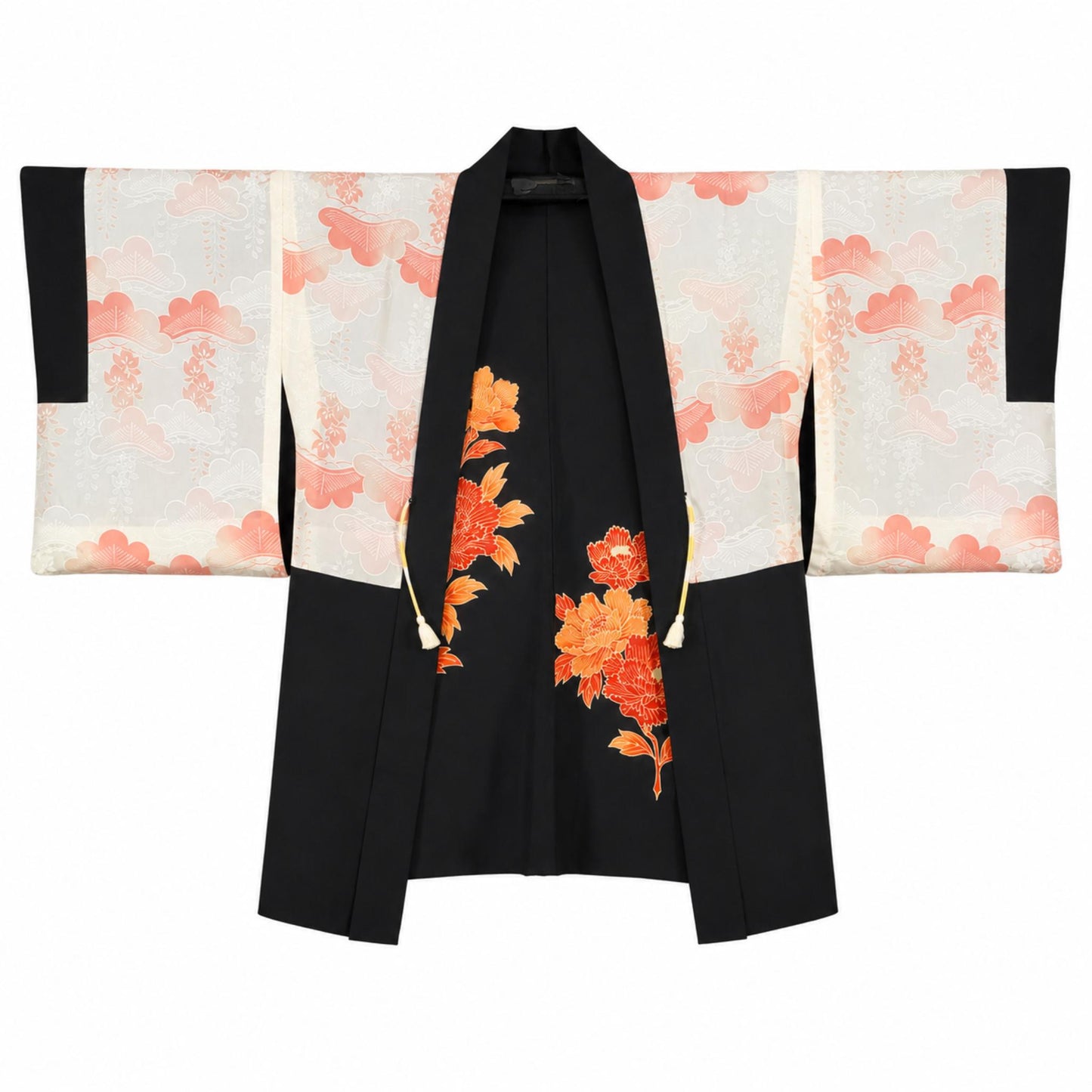 Veste Haori Vintage en Soie – Kimono Japonais Authentique – Pivoines Rouges et Oranges