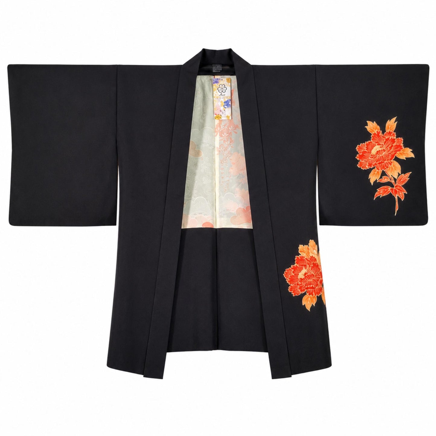 Veste Haori Vintage en Soie – Kimono Japonais Authentique – Pivoines Rouges et Oranges
