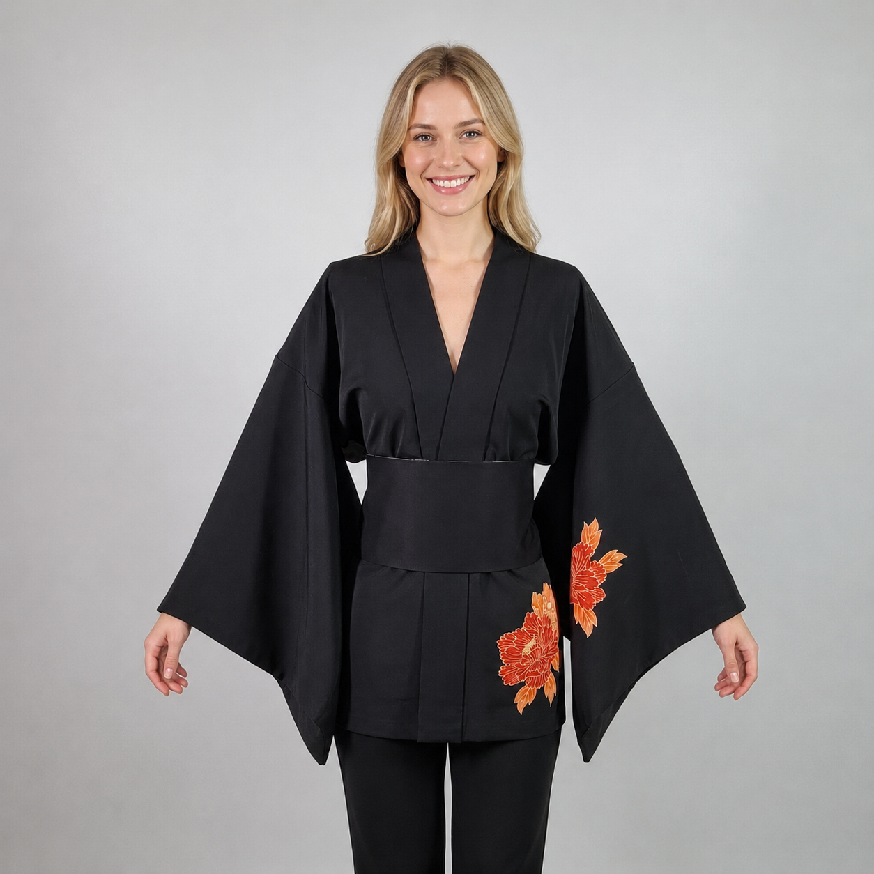 Veste Haori Vintage en Soie – Kimono Japonais Authentique – Pivoines Rouges et Oranges