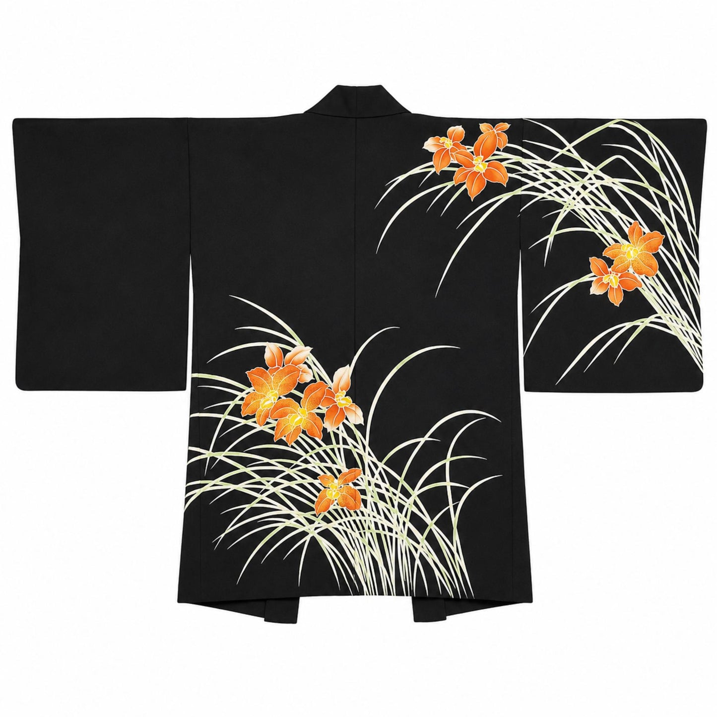 Veste Haori Vintage en Soie – Kimono Japonais Authentique – Orchidées Oranges