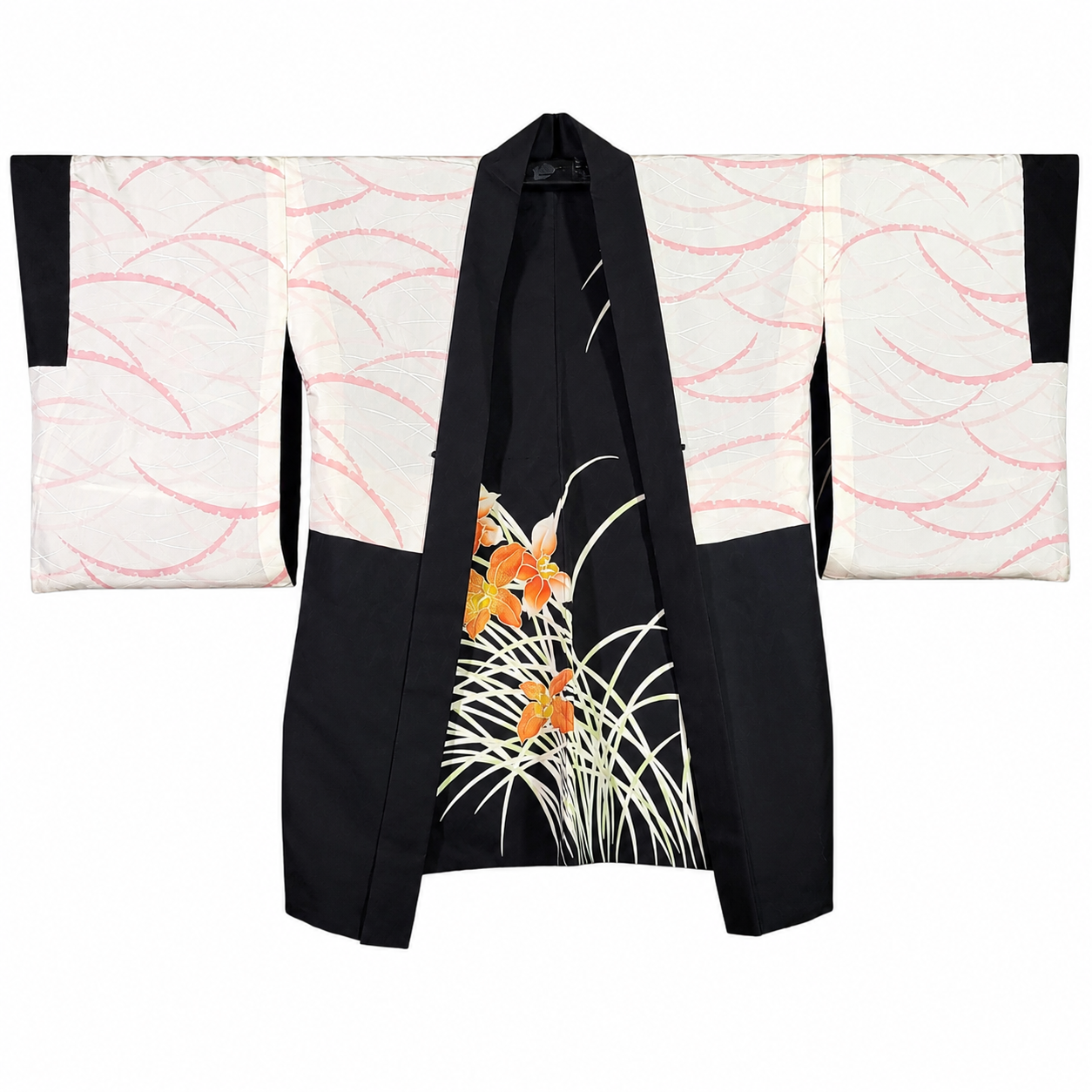 Veste Haori Vintage en Soie – Kimono Japonais Authentique – Orchidées Oranges