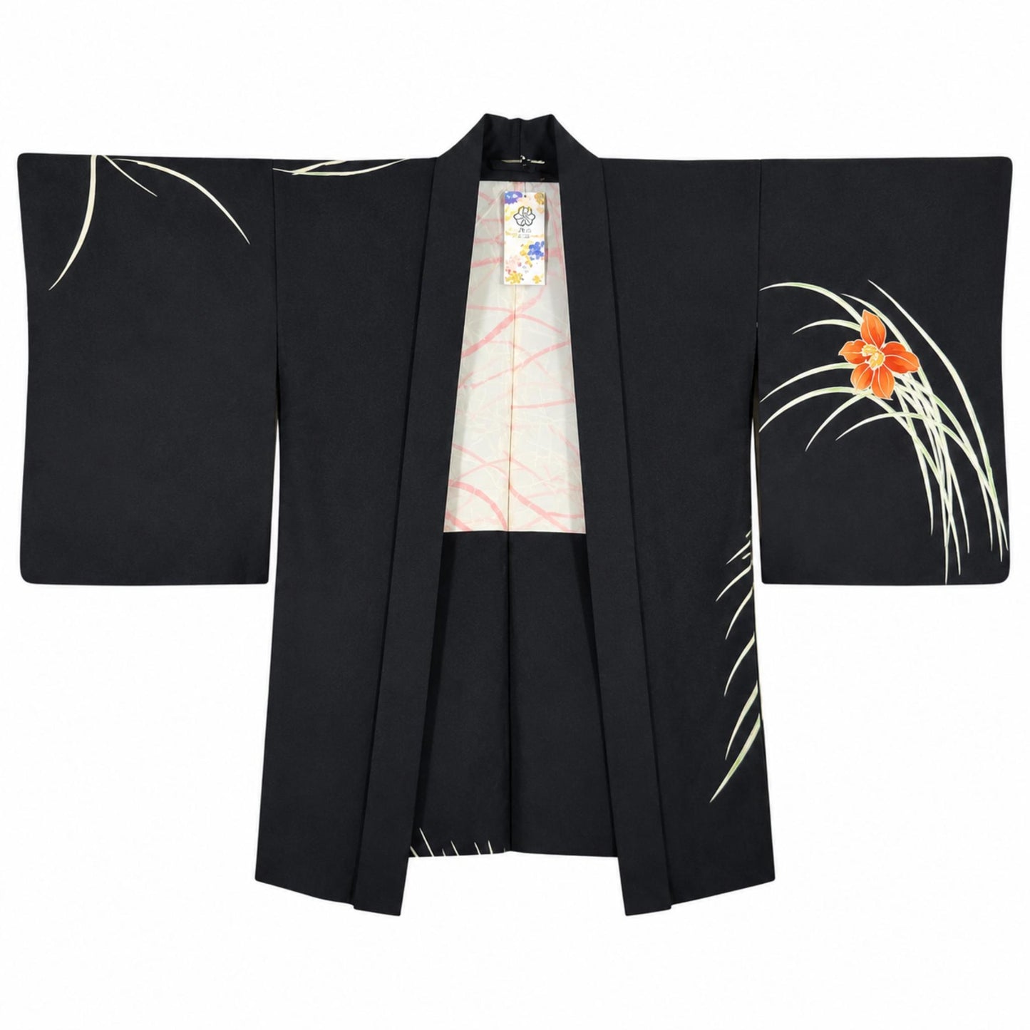 Veste Haori Vintage en Soie – Kimono Japonais Authentique – Orchidées Oranges