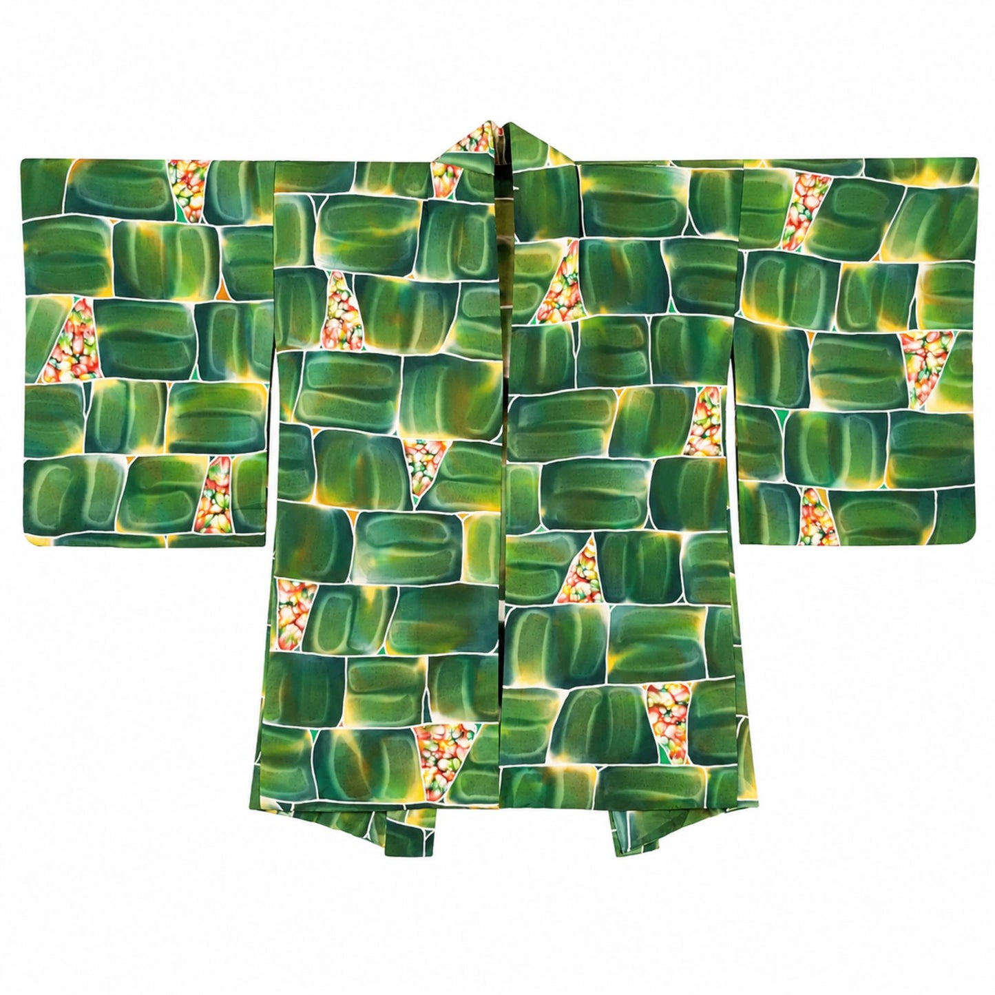 Veste Haori Vintage en Soie – Kimono Japonais Authentique – Mosaïque Émeraude