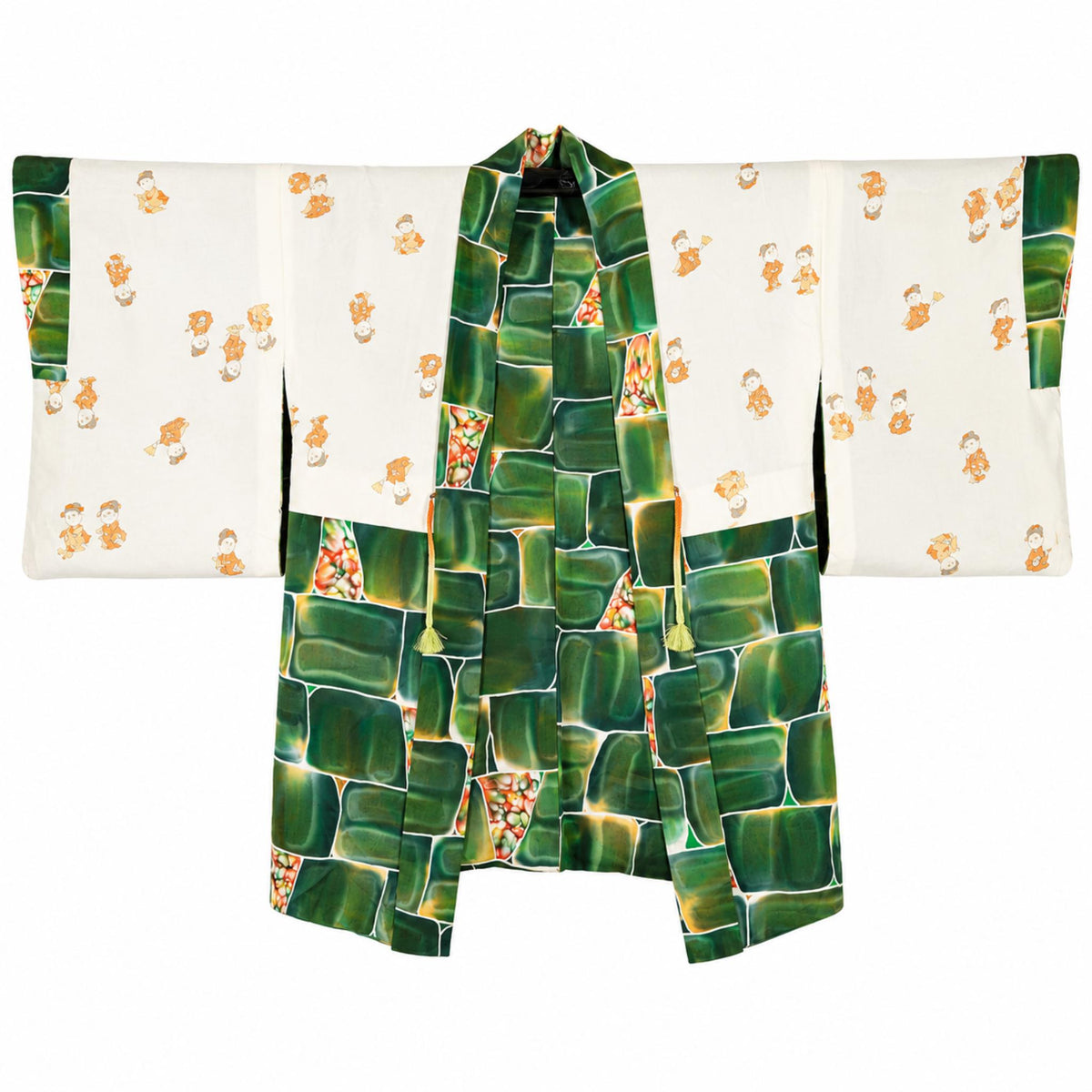 Veste Haori Vintage en Soie – Kimono Japonais Authentique – Mosaïque Émeraude