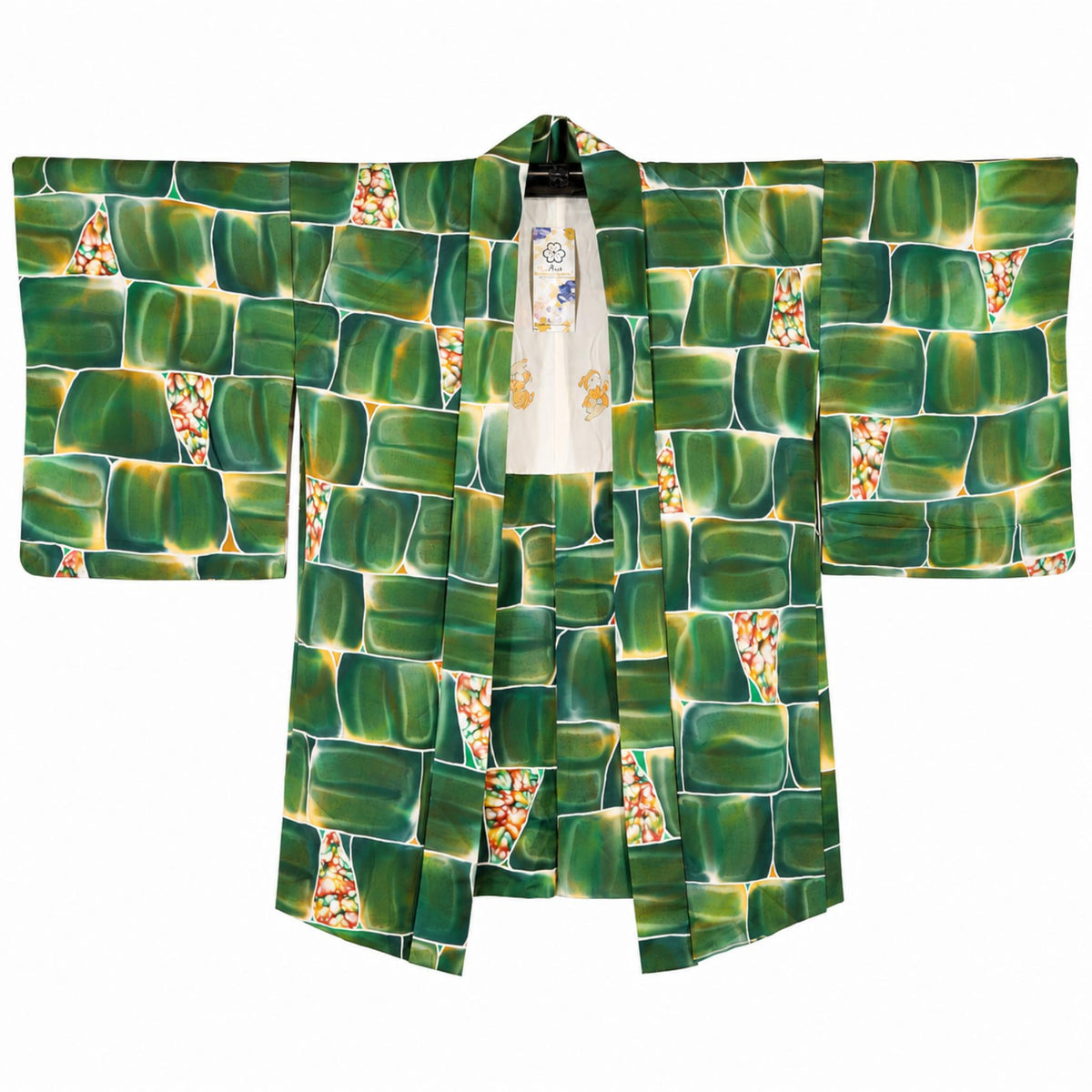 Veste Haori Vintage en Soie – Kimono Japonais Authentique – Mosaïque Émeraude