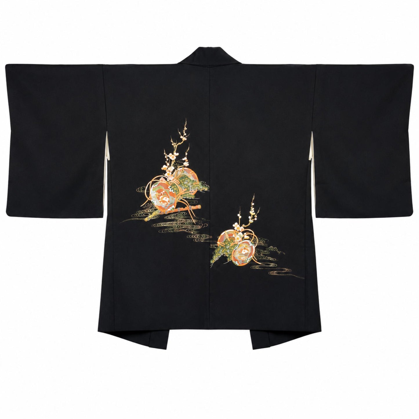 Veste Haori Vintage en Soie – Kimono Japonais Authentique – Goshoguruma et Fleurs de Prunier