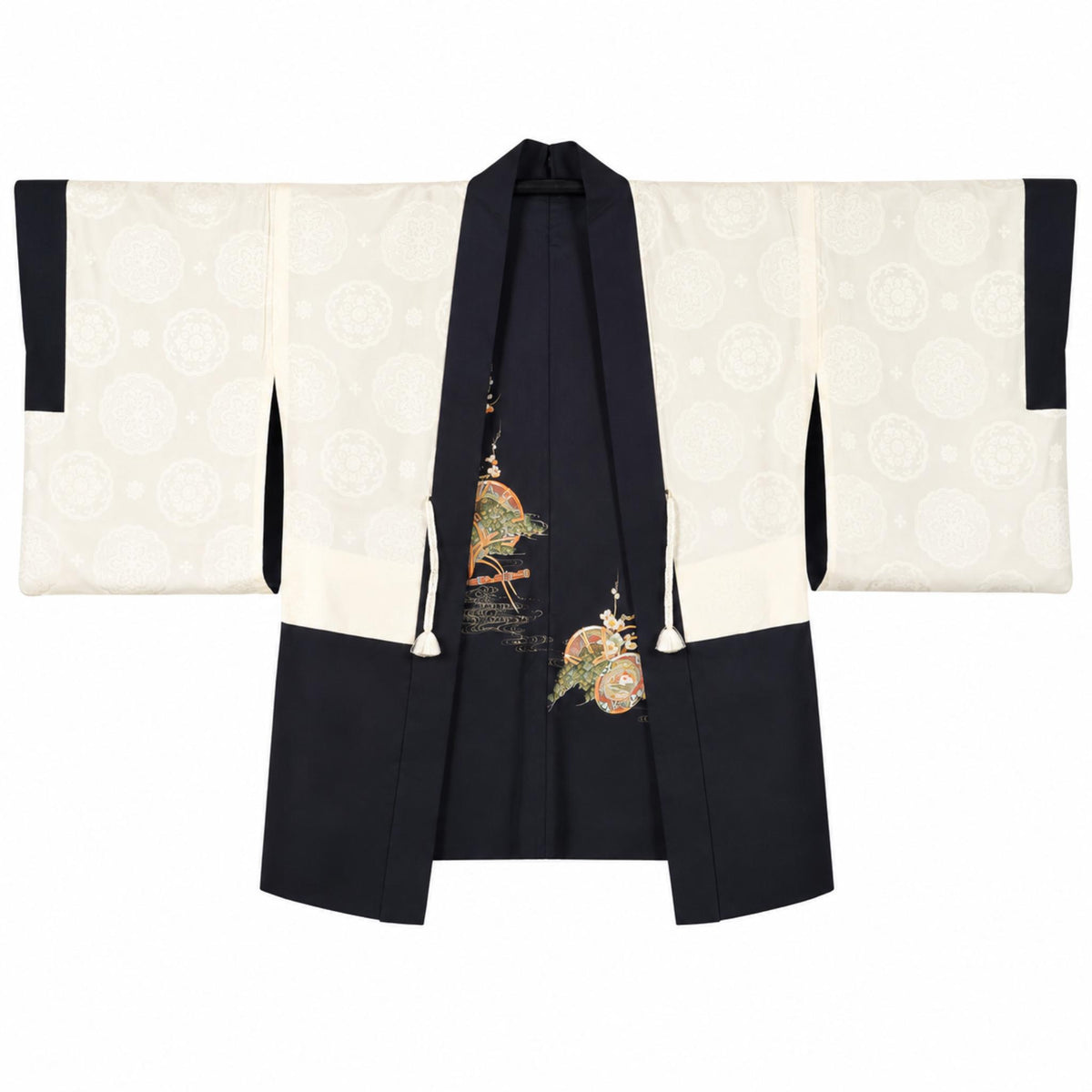 Veste Haori Vintage en Soie – Kimono Japonais Authentique – Goshoguruma et Fleurs de Prunier