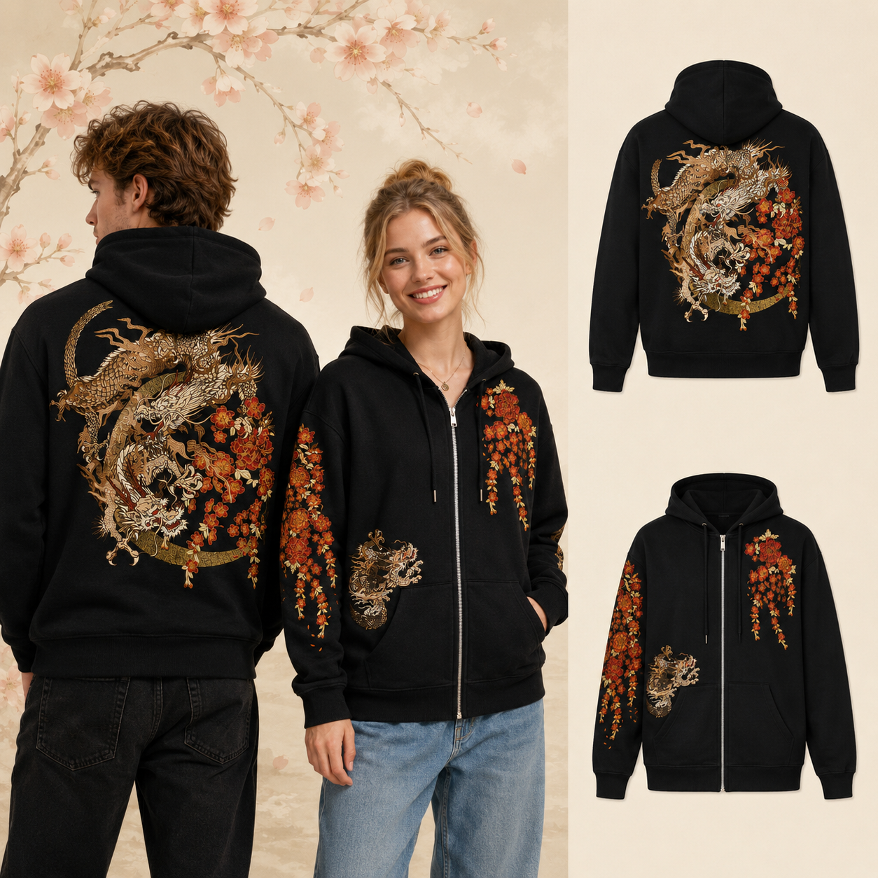 Hoodie broderie - 3 Dragon Croissant De Lune - Noir