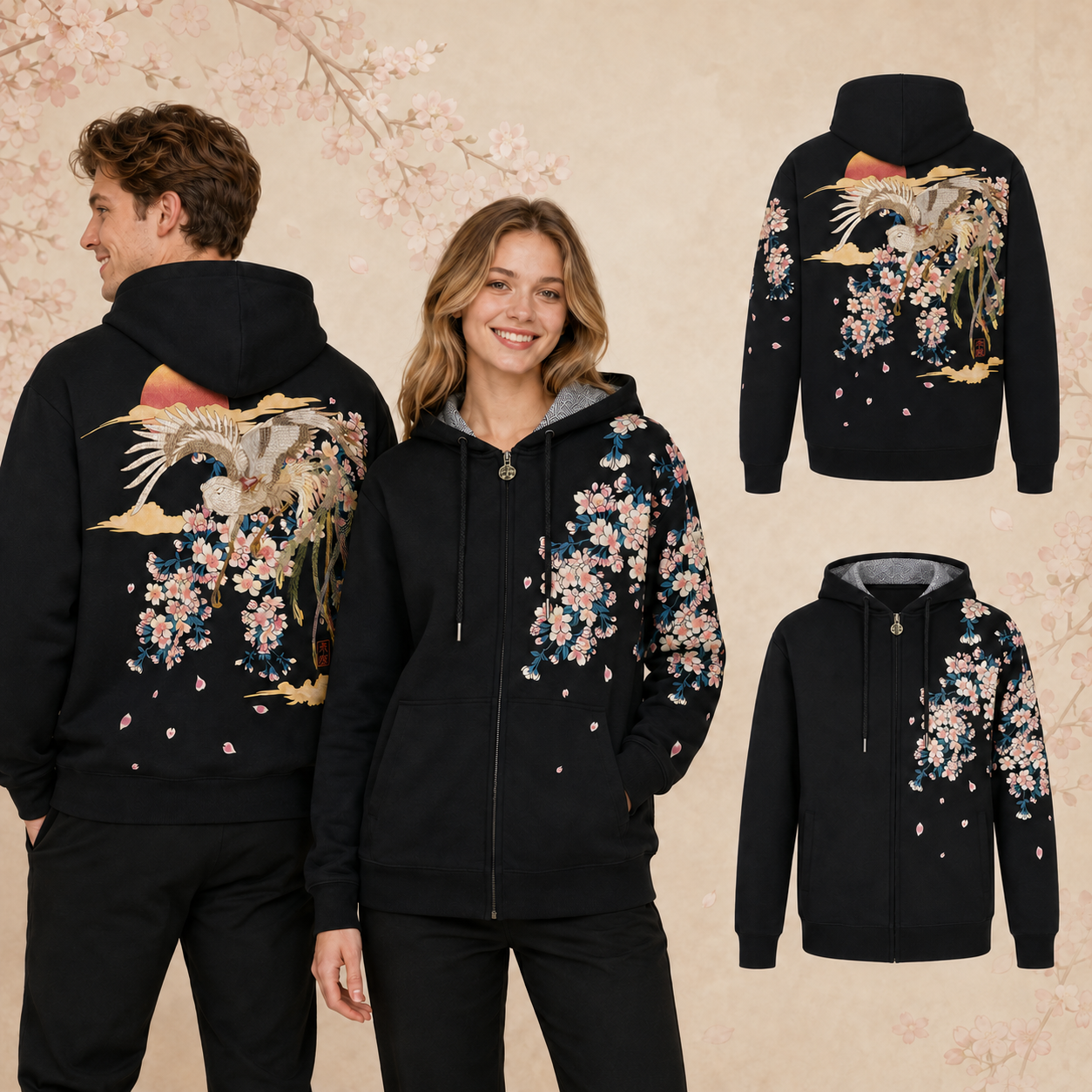 Hoodie broderie - Phoenix Sakura - Noir