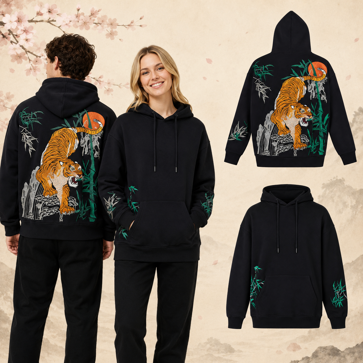 Hoodie broderie - Tigre - Noir