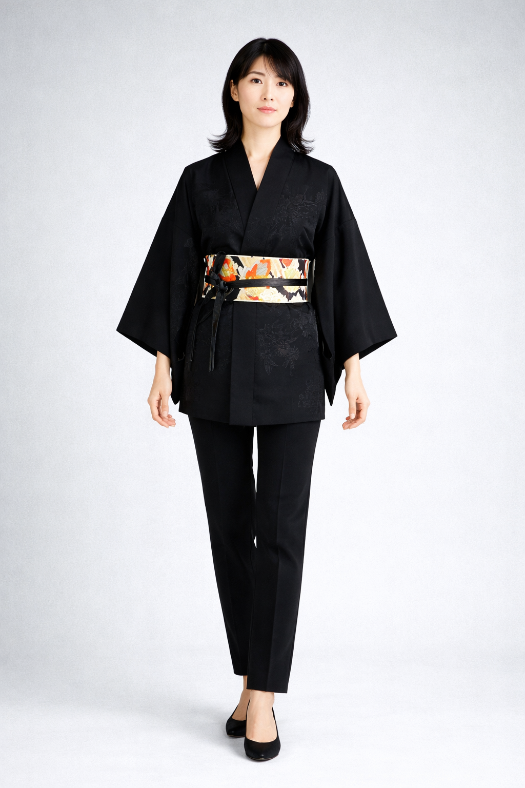 Vintage Japanese Silk Haori Jacket - Authentic Kimono Robe Noir [Des roses]