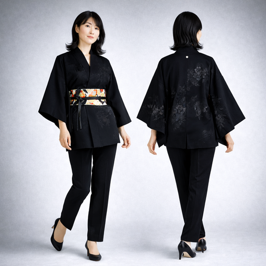 Vintage Japanese Silk Haori Jacket - Authentic Kimono Robe Noir [Des roses]