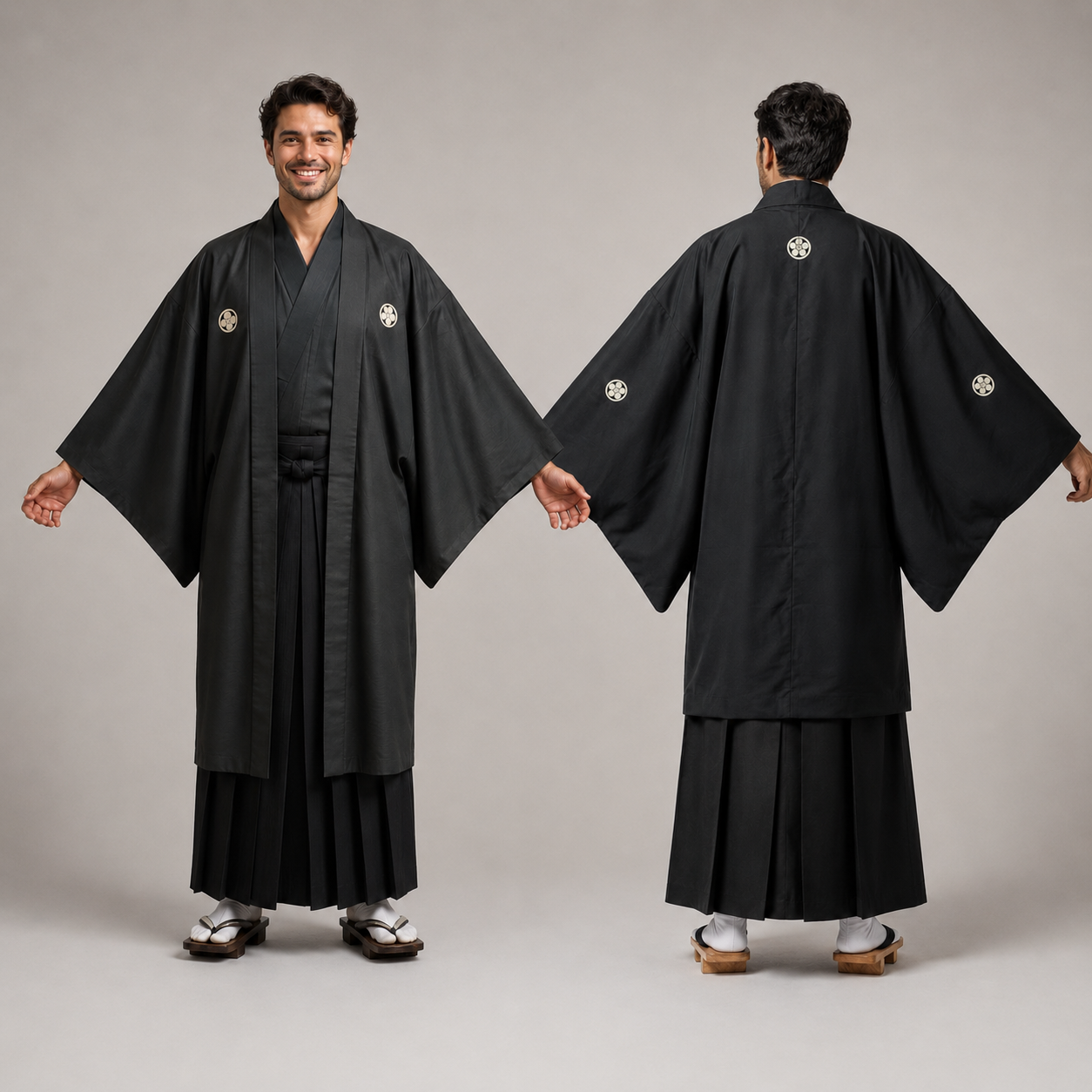 Veste Haori Traditionnelle pour Homme – Khaki Profond et Blasons Kamon Épurés