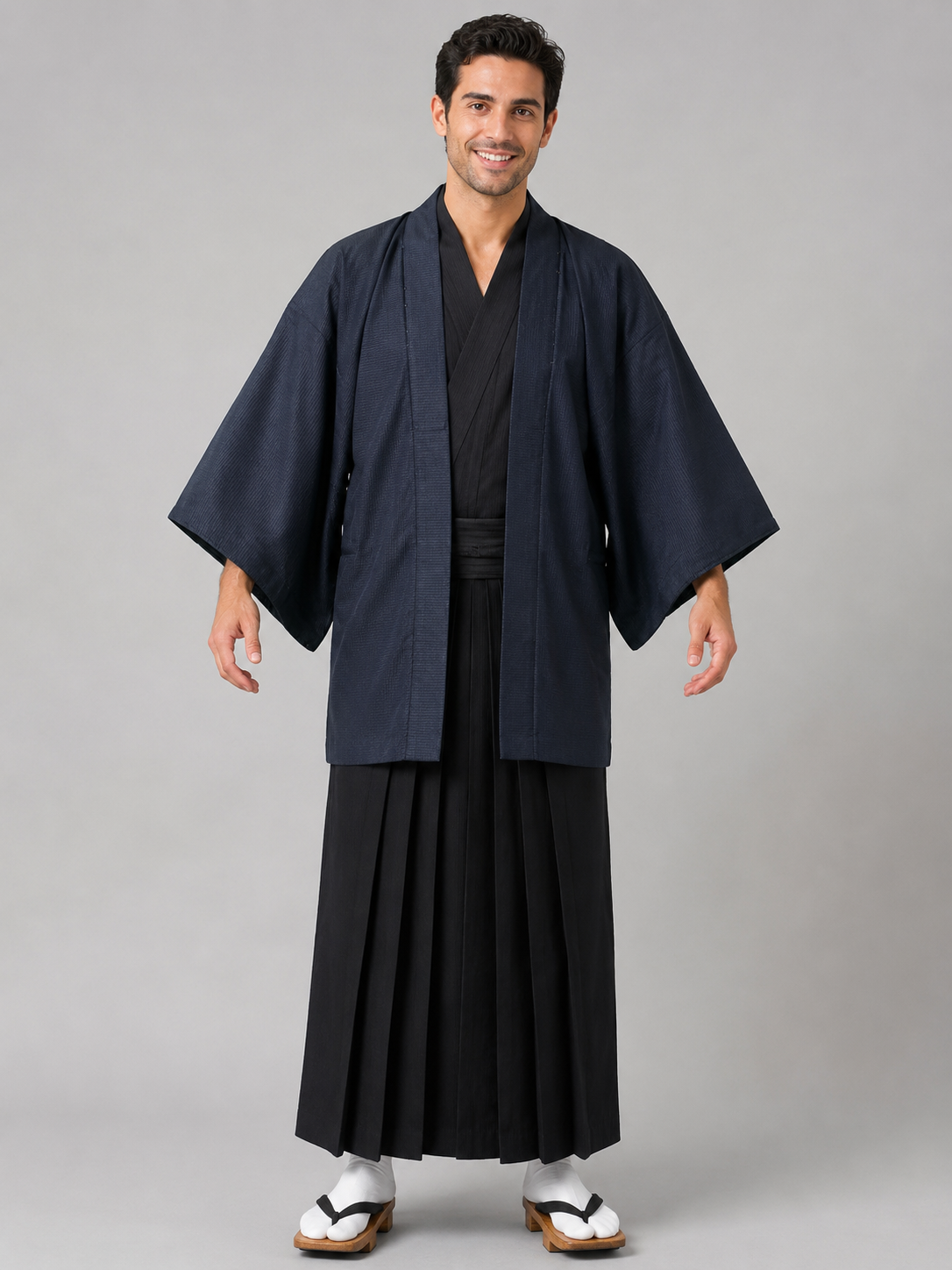 Veste Haori Traditionnelle pour Homme – Bleu Indigo Épuré et Tissage Texturé
