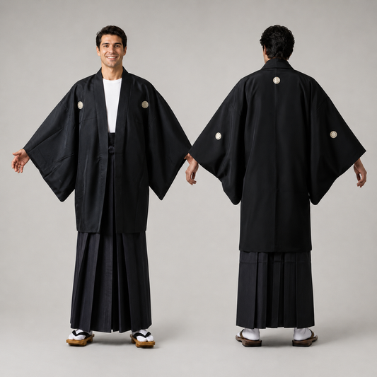 Veste Haori Traditionnelle pour Homme – Noir Satiné et Blasons Kamon Classiques