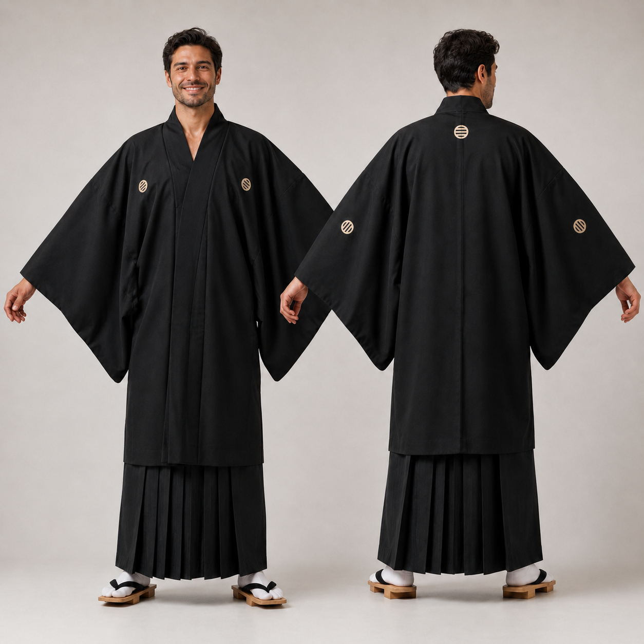 Veste Haori Traditionnelle pour Homme – Noir Mat et Blasons Kamon Contrastés