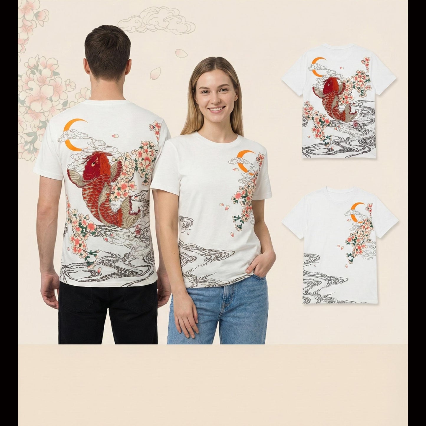 White Short Sleeve T-Shirt - Red Koi and Moonlight
