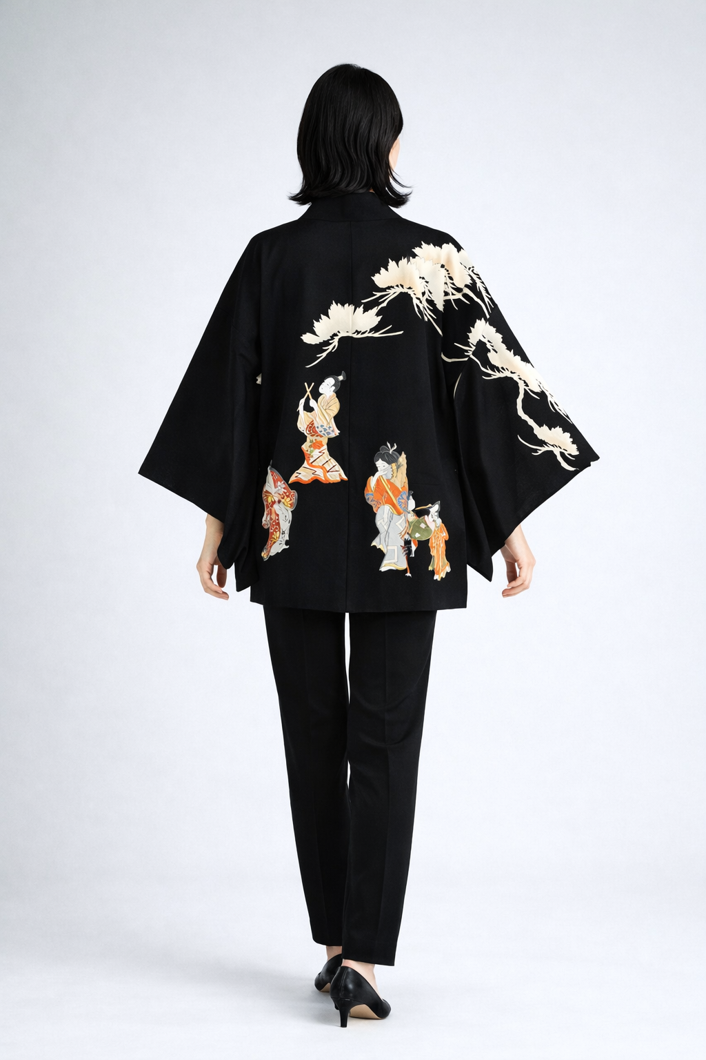 Vintage Japanese Silk Haori Jacket - Authentic Kimono Robe Noir  [Les enfants jouent]