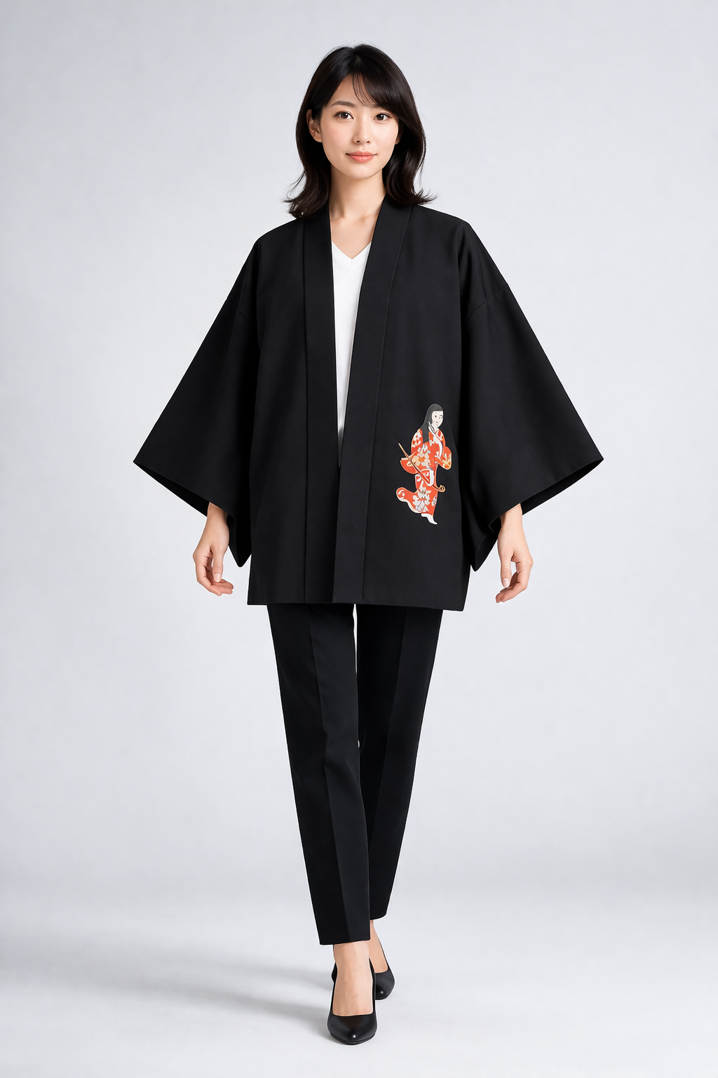 Vintage Japanese Silk Haori Jacket - Authentic Kimono Robe Noir  [Les enfants jouent]
