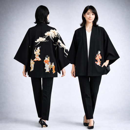 Vintage Japanese Silk Haori Jacket - Authentic Kimono Robe Noir  [Les enfants jouent]