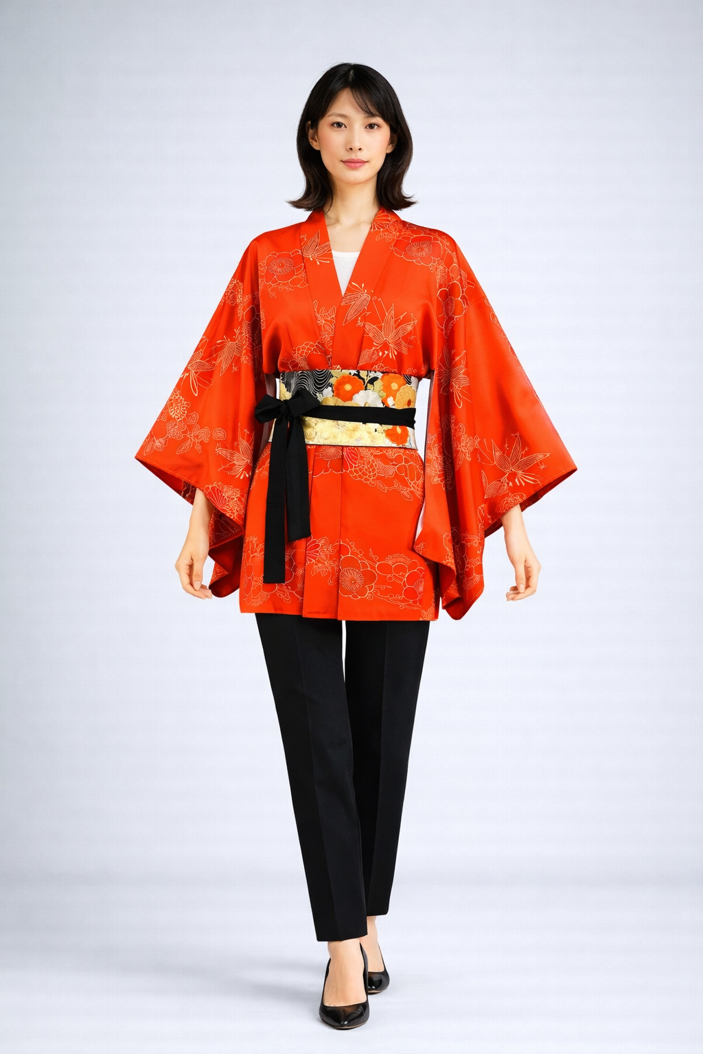 Vintage Japanese Silk Haori Jacket - Authentic Kimono Robe [Orange fleur de prunier]