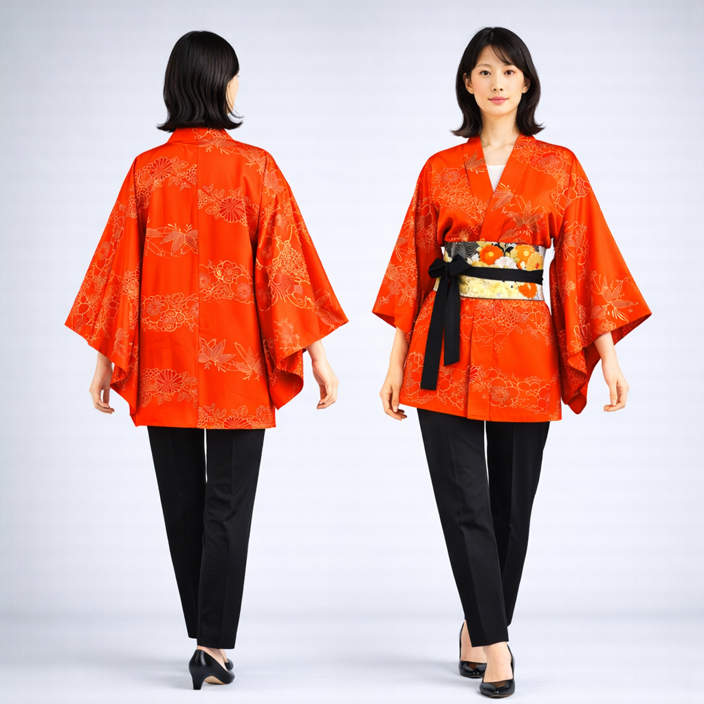 Vintage Japanese Silk Haori Jacket - Authentic Kimono Robe [Orange fleur de prunier]