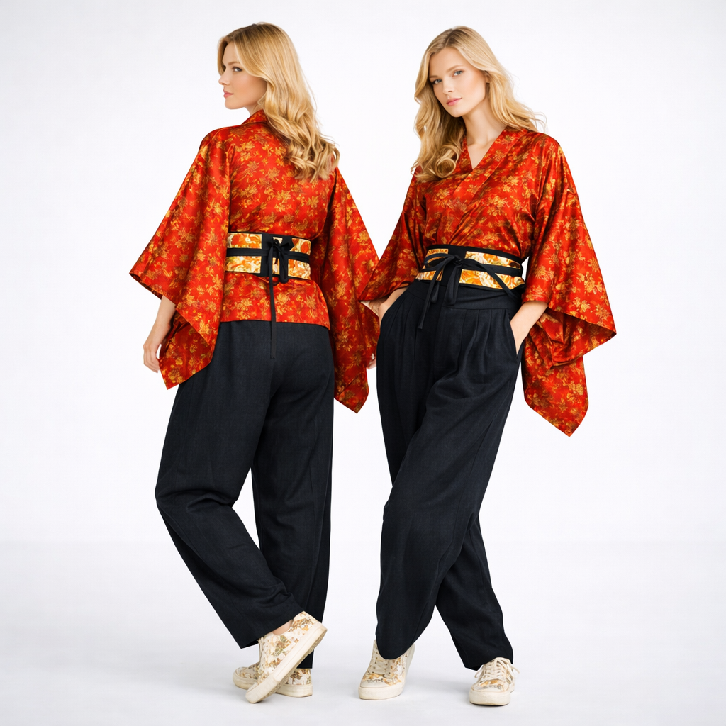 Vintage Japanese Silk Haori Jacket - Authentic Kimono Robe [Rouge de petites fleurs]