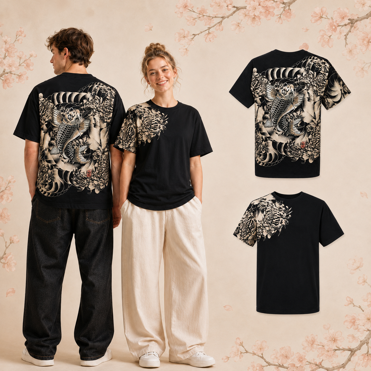 T-shirt à manches courtes - Carpe koï blanche - Noir